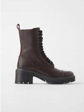 Zara Leather Lace-Up Chunky Heel Combat Boots
